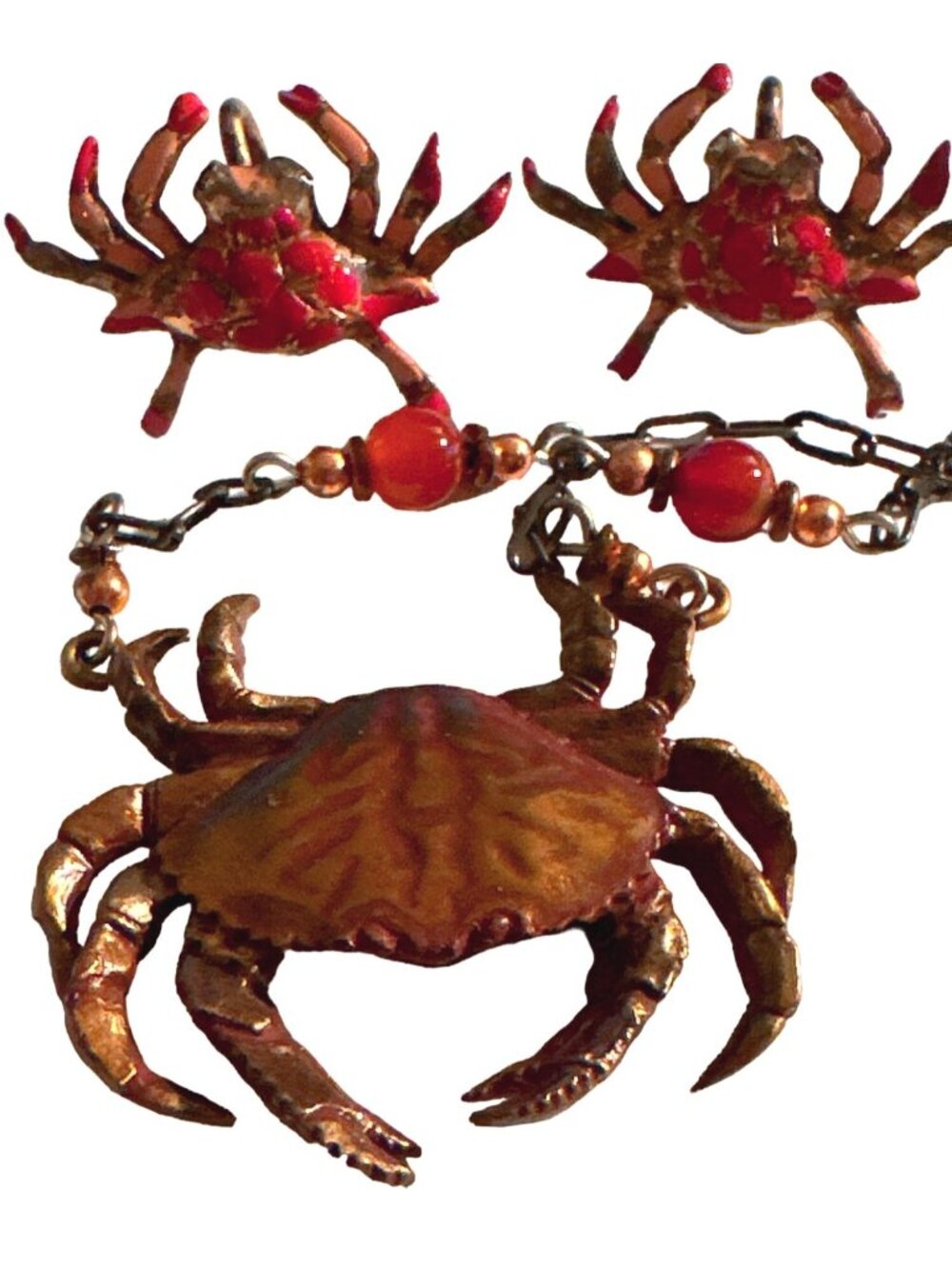 Vintage Crab Necklace Earrings Zodiac Figural Crustacean Bronze Cast Jasper Bead